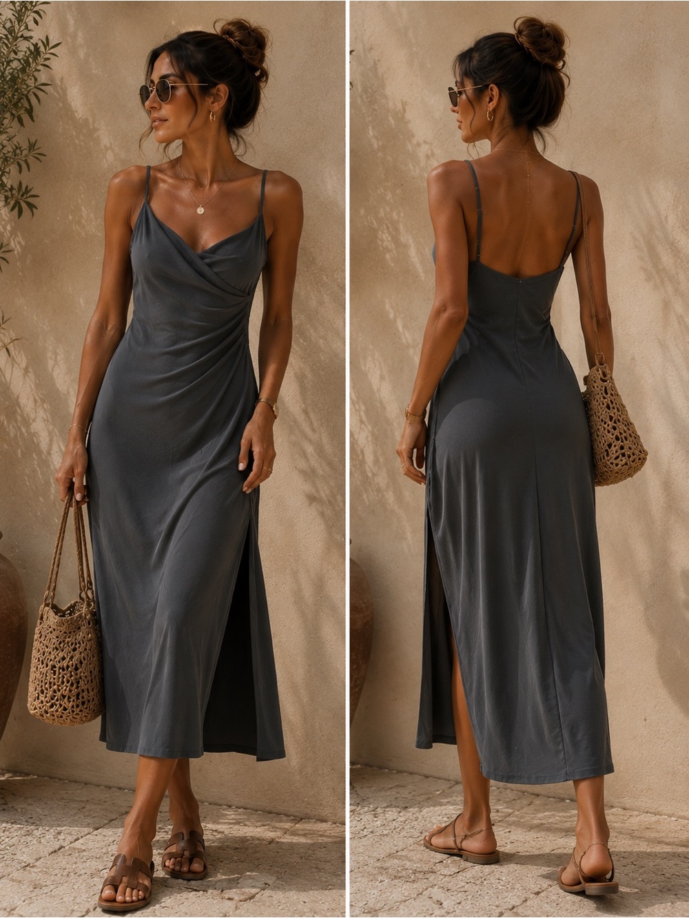 Gentle Fawn Charcoal/Green Cowl Neck Midi Slip Dress